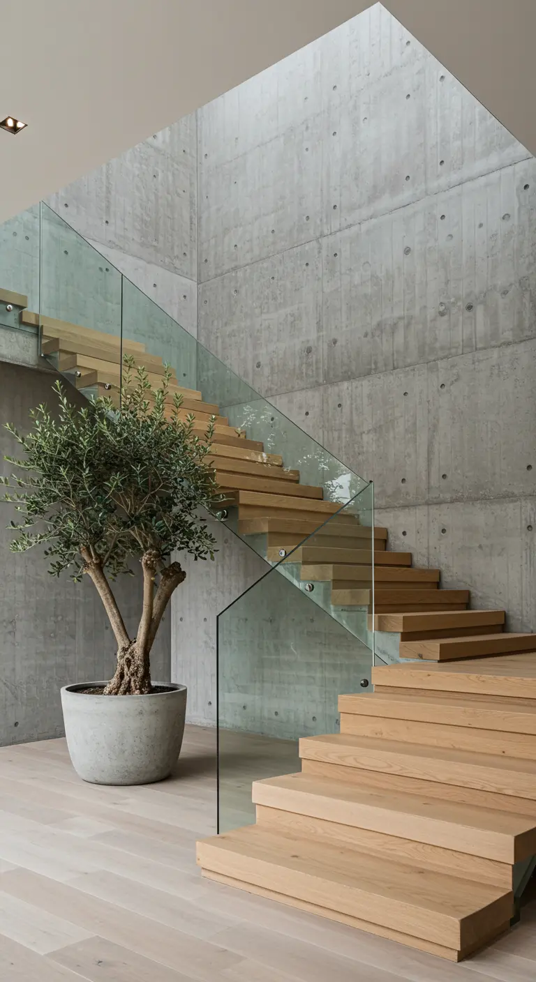 Modern staircase with wood treads, a glass railing, and a concrete wall.