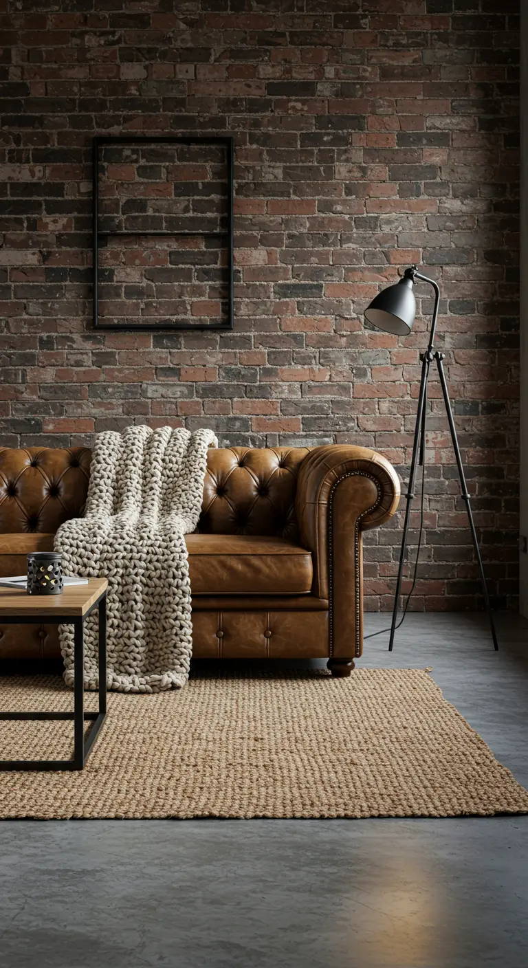 A brown leather Chesterfield sofa with a chunky knit throw against a dark brick wall.