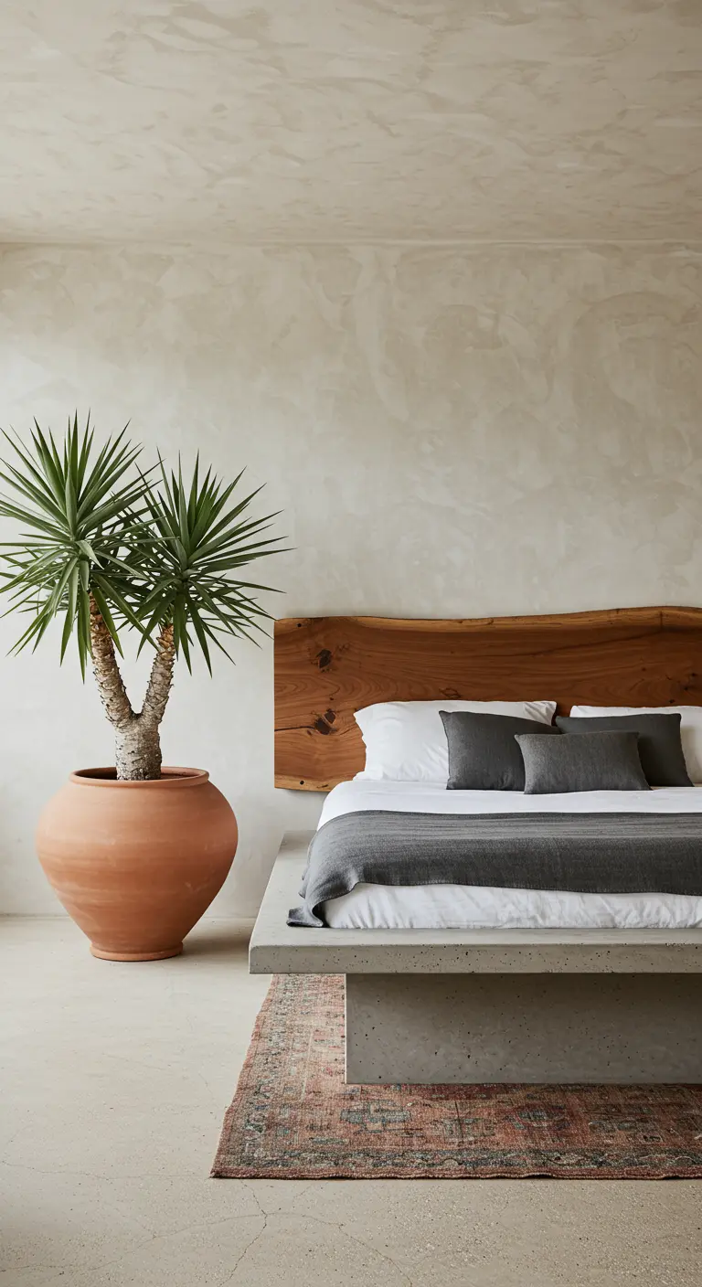 Minimalist bedroom with a live-edge headboard and a concrete bed base.