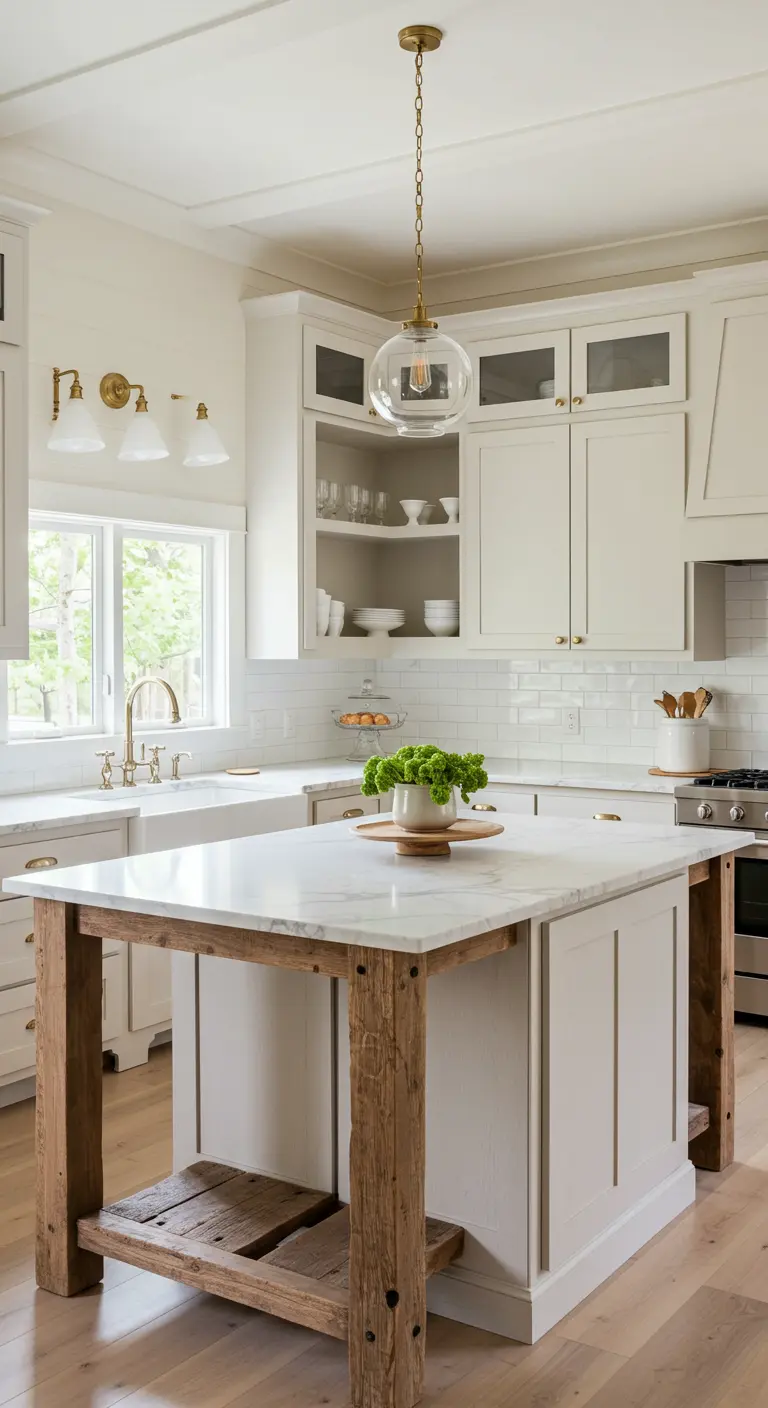White kitchen island with a marble top supported by thick reclaimed wood beams.