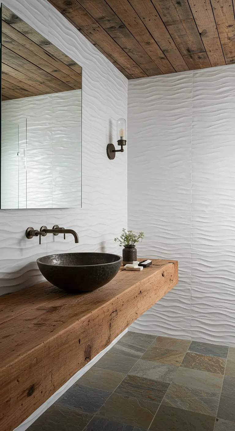 Bathroom with a live-edge wood vanity and textured white wave tile walls.