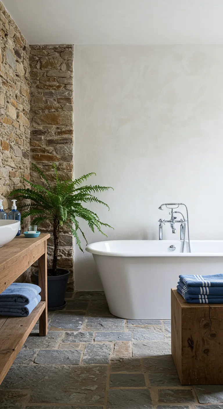 Bathroom with an exposed stone wall, freestanding tub, and wood vanity.
