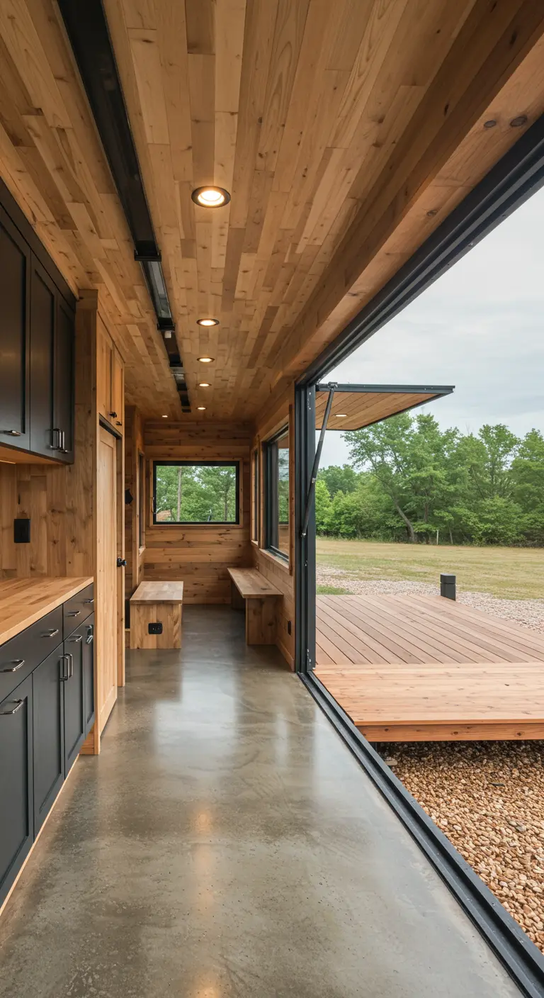 Modern tiny home interior with concrete floors, wood walls, and a black glass wall.