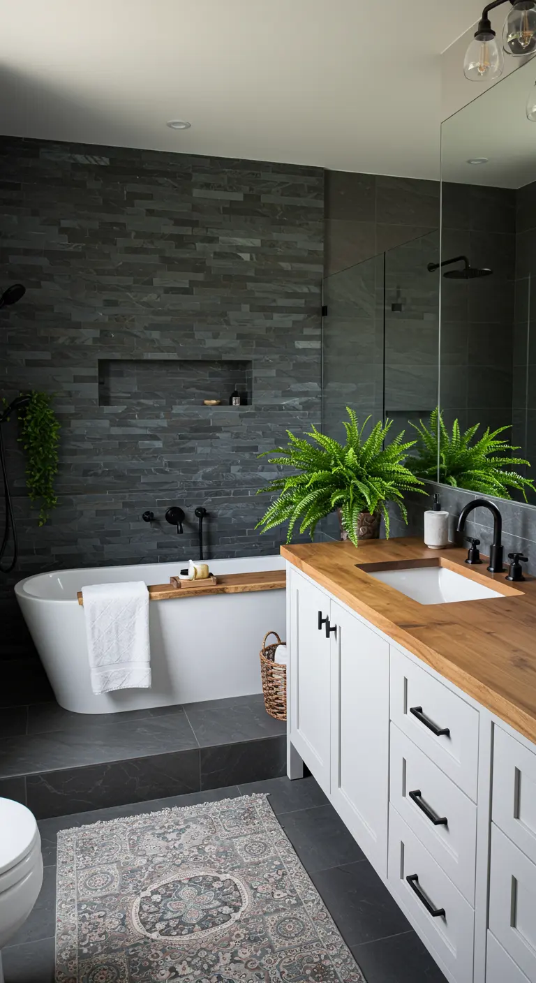 Freestanding tub against a dark slate tile wall, with a white and wood vanity.
