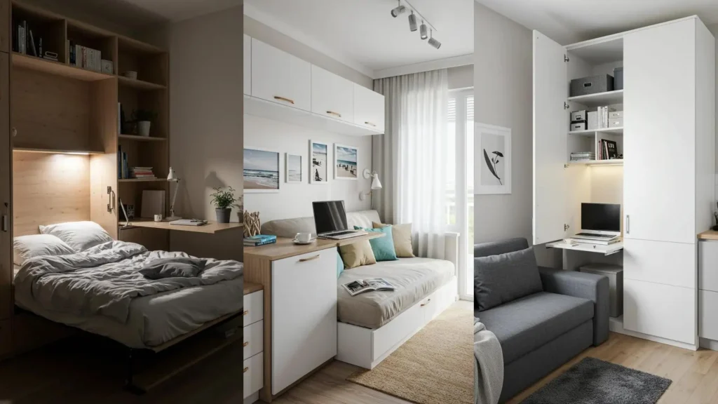 Convertible furniture in a tiny apartment: a fold-out bed with an integrated desk and a disappearing cabinet desk.