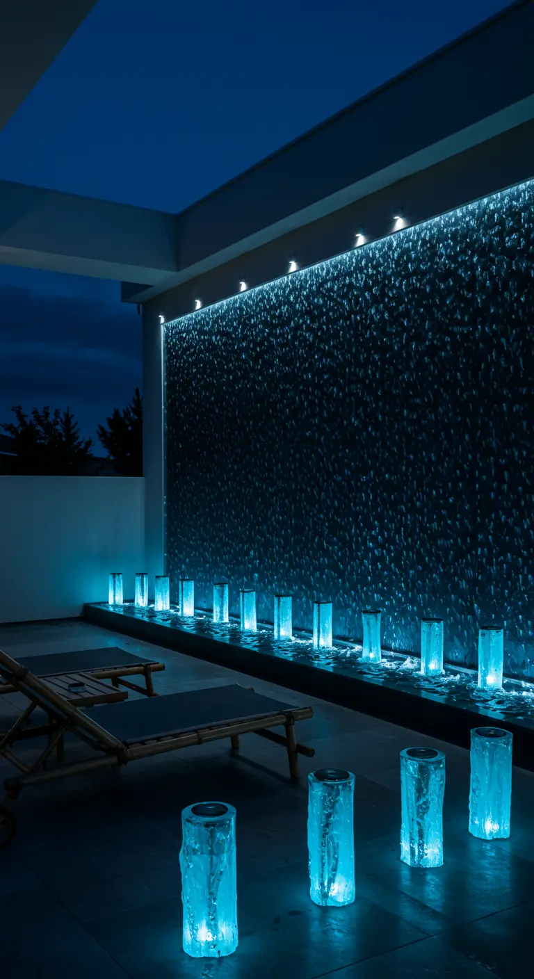 Bamboo loungers facing a modern water wall lit with glowing blue, ice-textured lanterns.