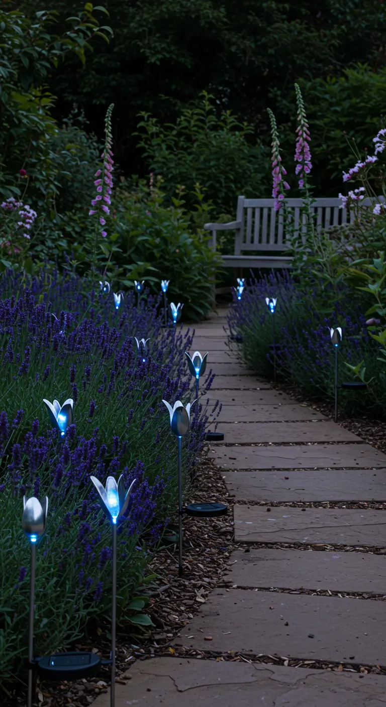 A stone path in a garden lined with lavender and blue solar-powered tulip lights.