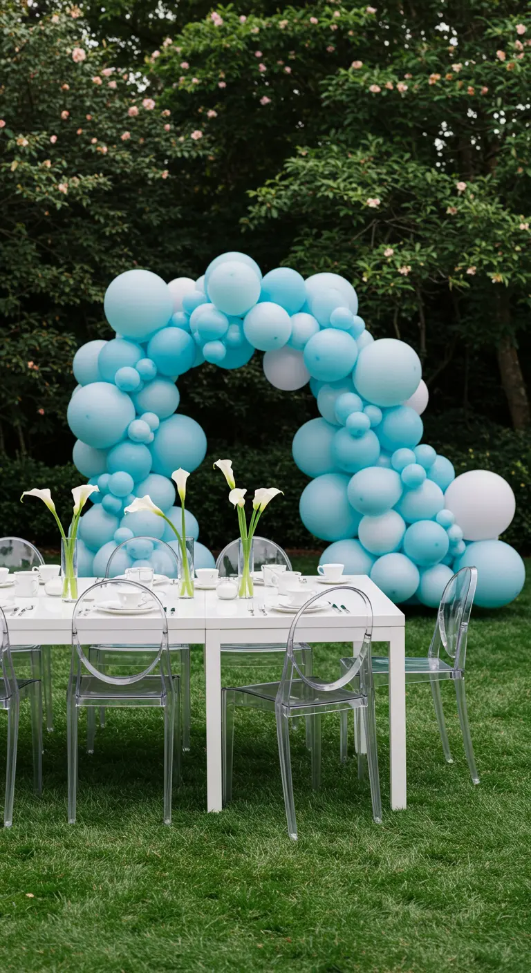 Modern tea party with a blue balloon arch, white table, and clear chairs.