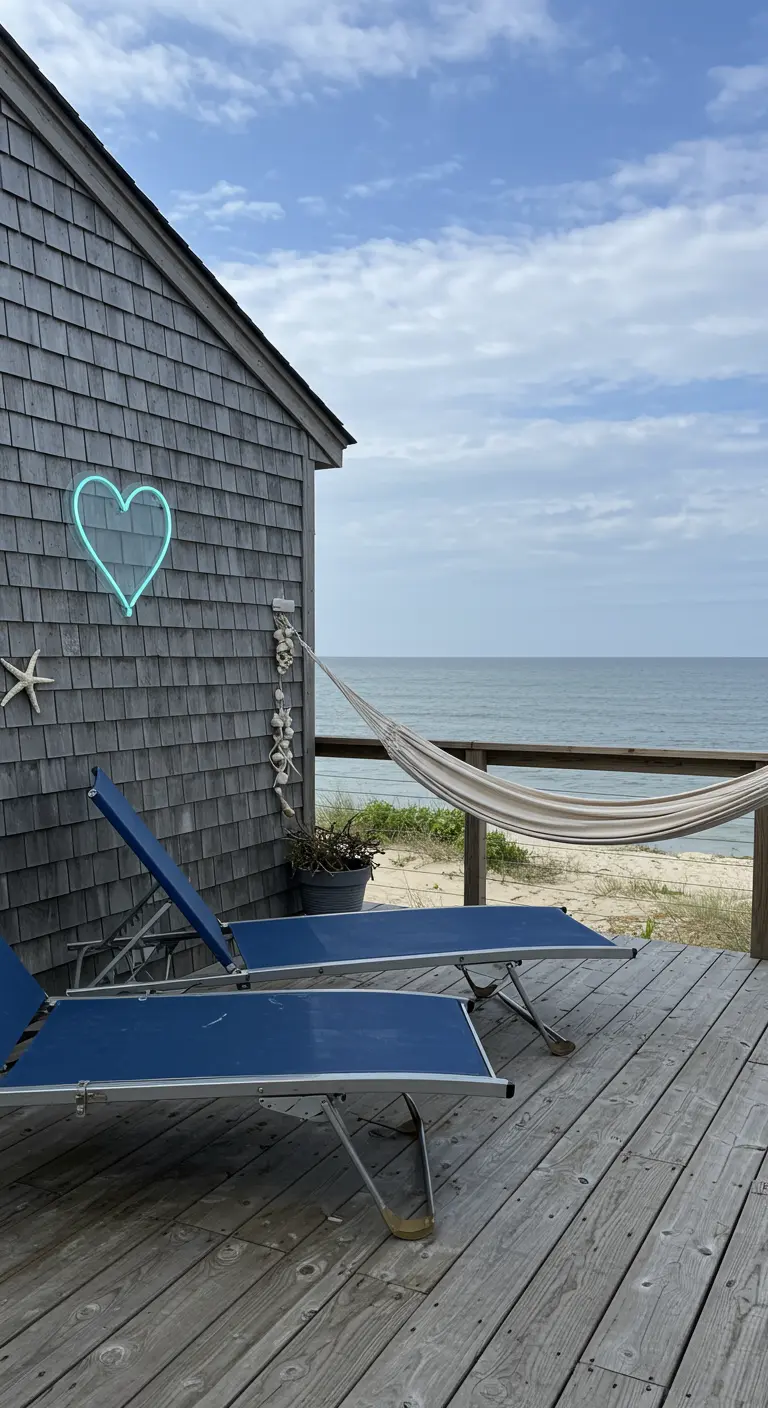 A turquoise neon heart on a shingled beach house wall above navy loungers.