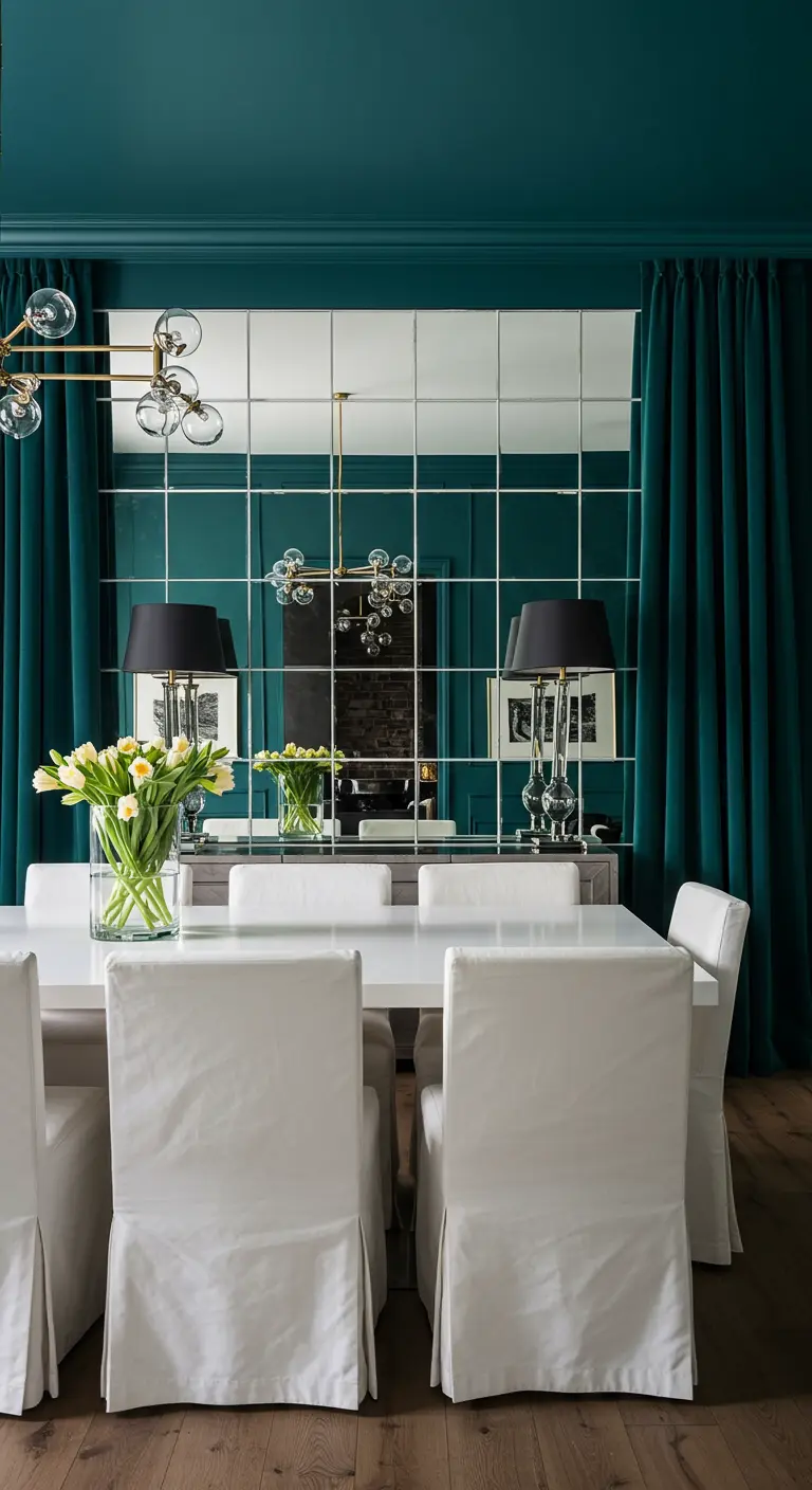 Teal dining room with white slipcovered chairs and a large gridded mirror wall.