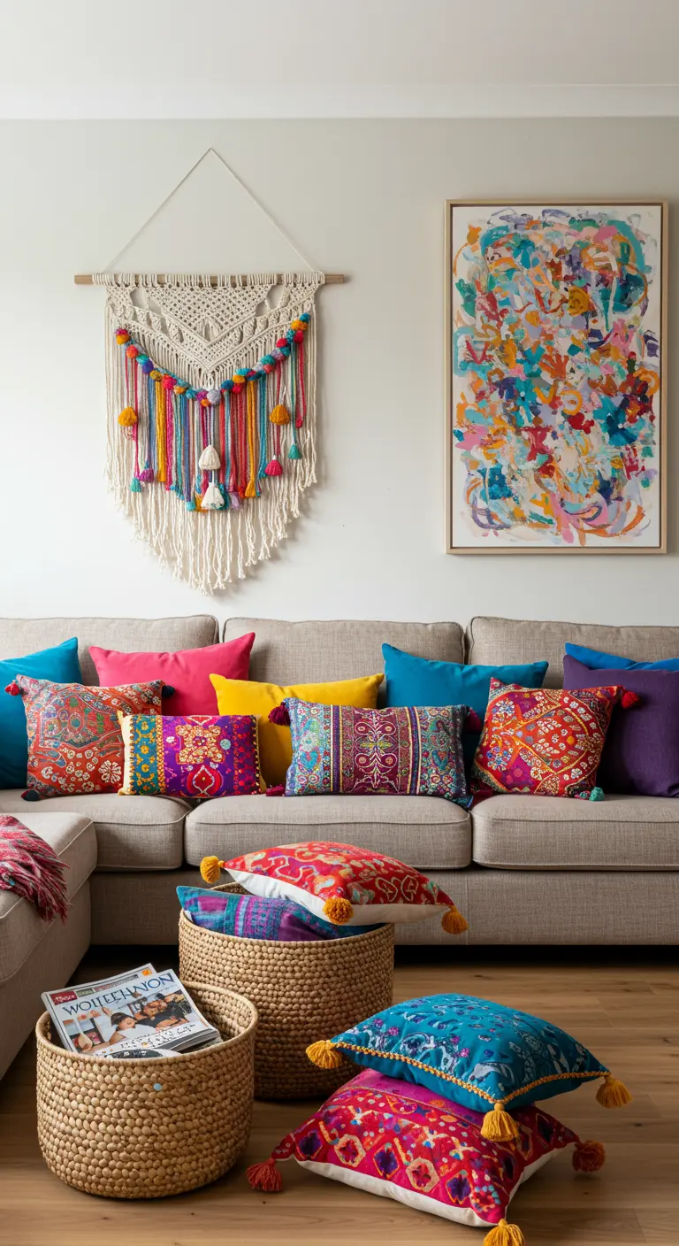 Living room featuring a colorful macramé hanging with tassels next to a vibrant abstract painting.