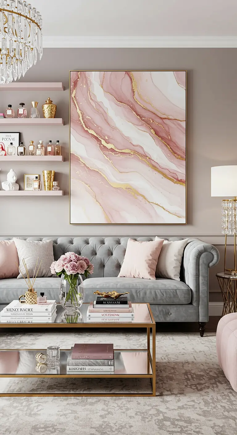 Shelves with perfume bottles next to a large pink and gold marble-effect abstract painting.