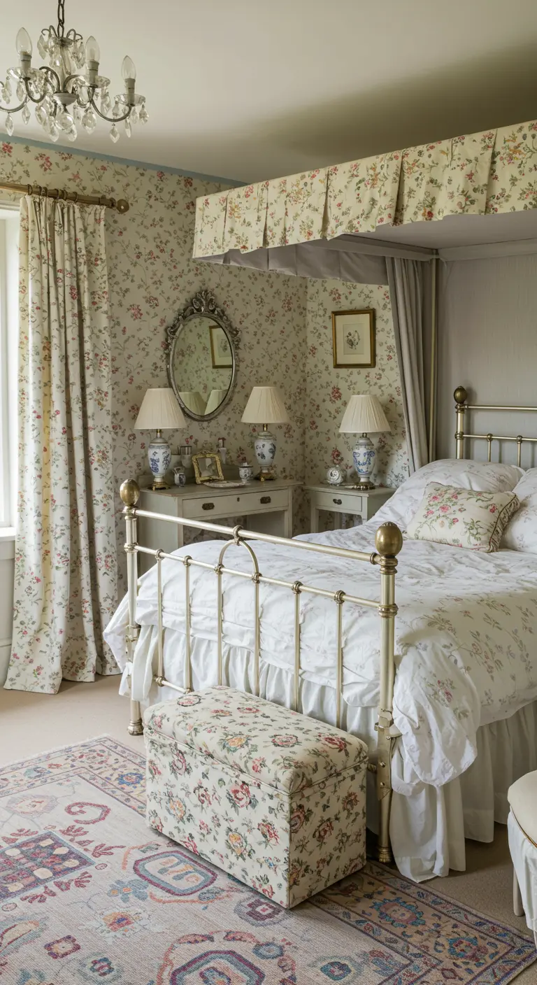 Traditional English bedroom with matching floral wallpaper, curtains, and bed canopy over a brass bed.