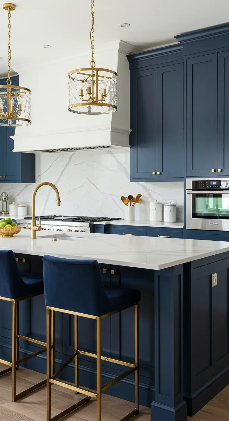 Elegant navy kitchen with matching navy velvet bar stools with gold frames.