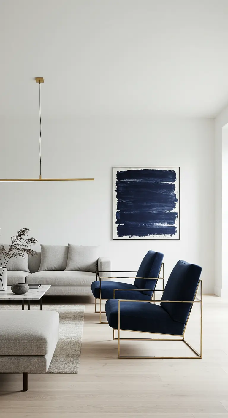 Minimalist room with two navy velvet chairs with brass frames and matching navy abstract art.