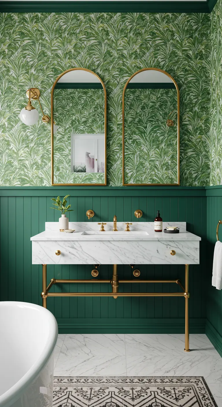 Bathroom with green palm wallpaper, dark green wainscoting, and a double console sink.