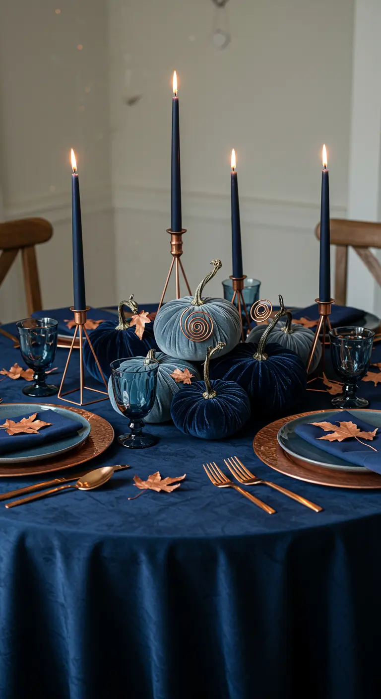A table with a navy cloth, blue velvet pumpkins, and geometric copper candle holders.