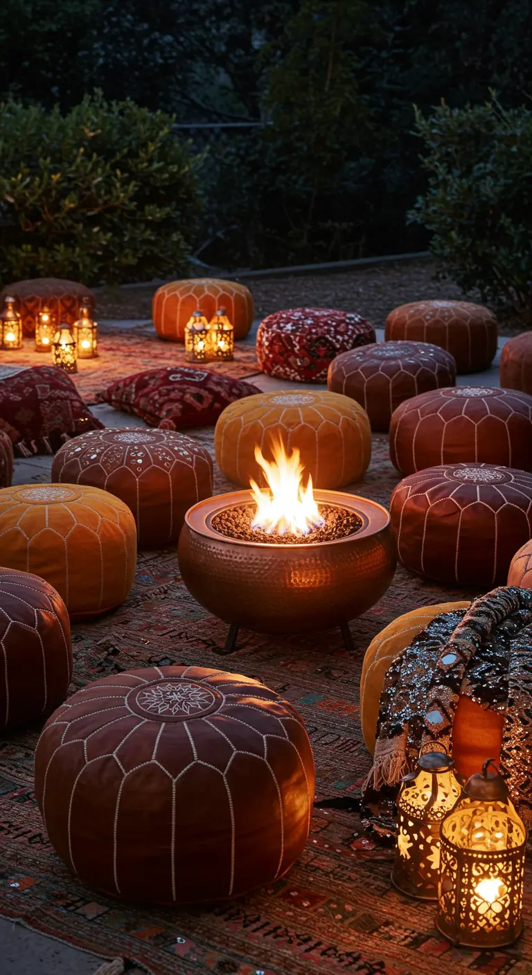 Leather poufs in warm tones circle a copper fire bowl, with lanterns and textiles nearby.