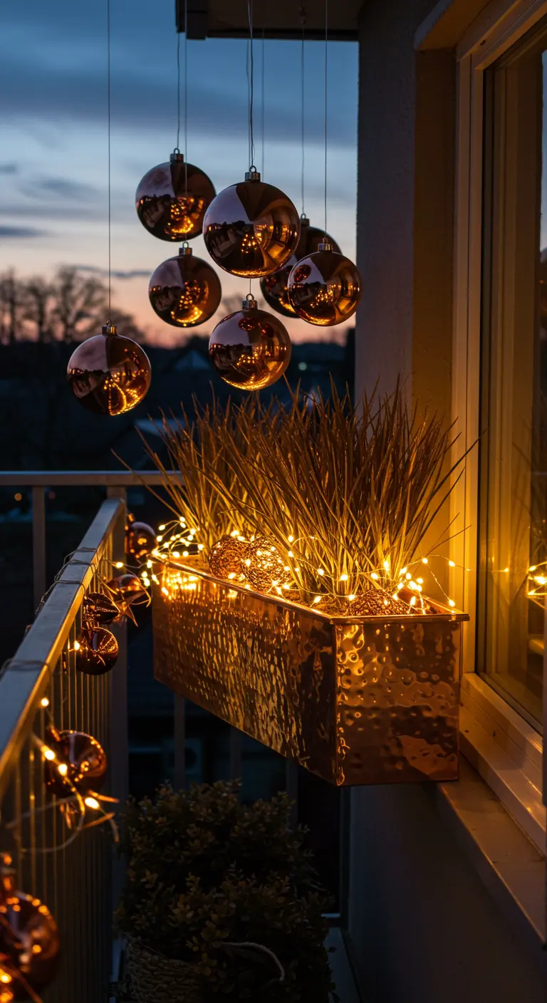 A hammered copper window box glowing at dusk with fairy lights and copper baubles.