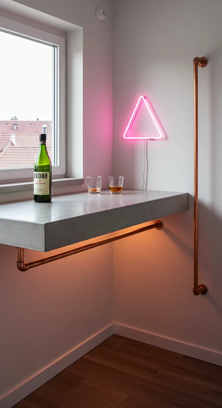 A small corner bar with a floating concrete shelf supported by polished copper pipes.