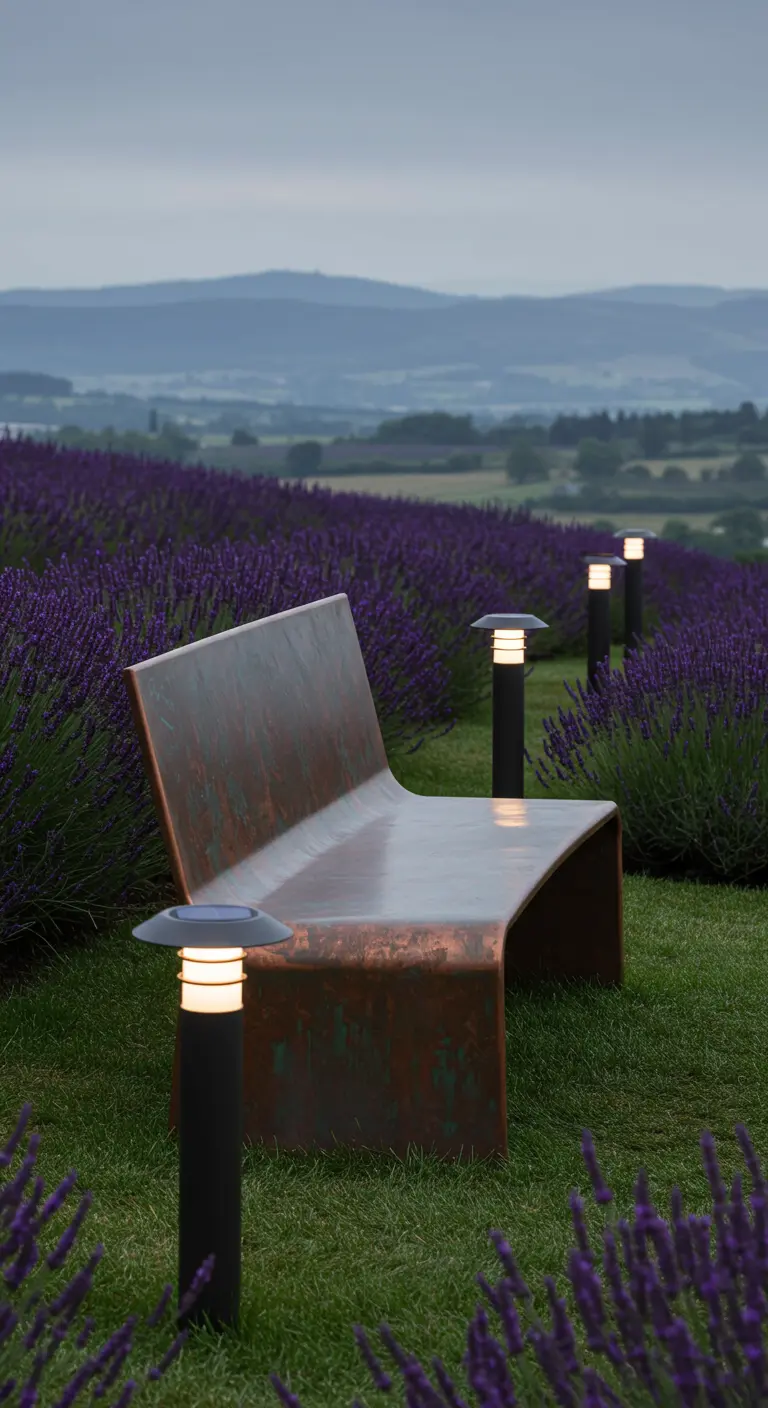 Modern curved bench with a copper finish next to minimalist solar path lights.