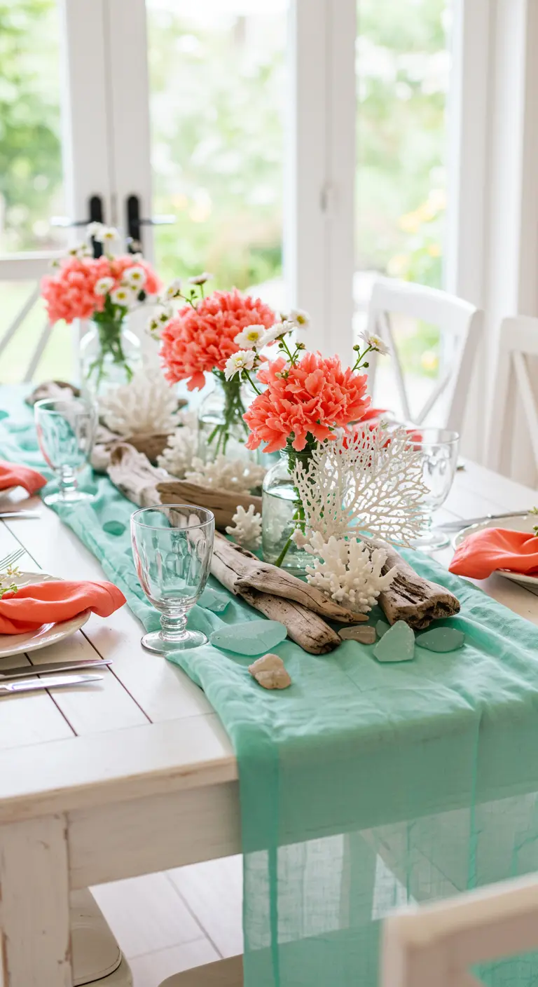 Bright tablescape with an aqua runner, coral flowers, and white coral decor.