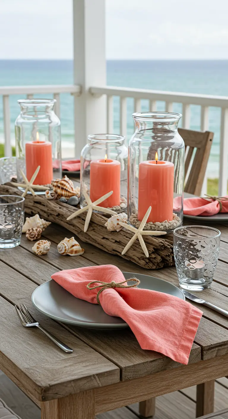 Coastal tablescape with a driftwood centerpiece, coral candles in jars, and seashells.