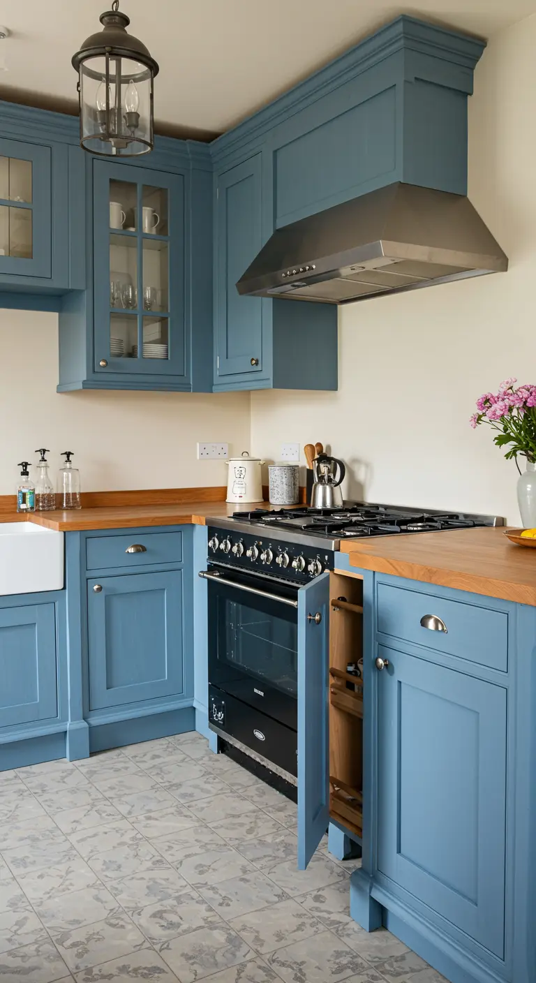 A kitchen with bright blue cabinets, a black range, and a small pull-out storage unit in the corner.