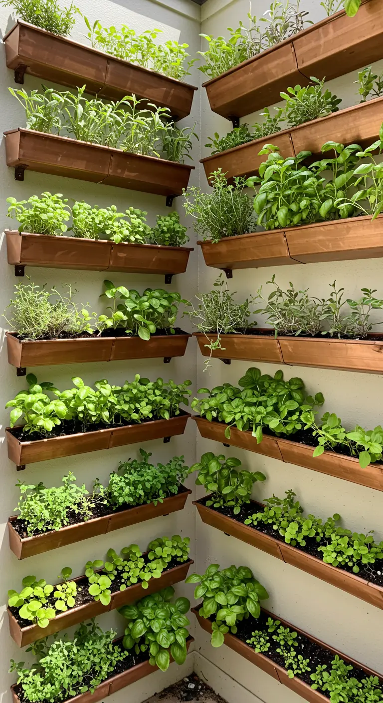 Copper planters arranged vertically in a corner with various herbs and greens