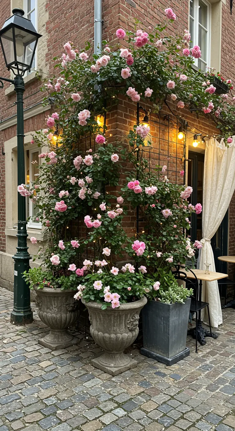 Building corner adorned with climbing pink roses, large stone urns, dark planters, and twinkling lights.