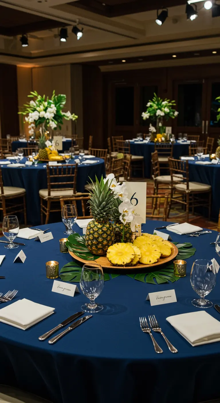 A formal round table with a navy tablecloth and a pineapple centerpiece with sliced fruit