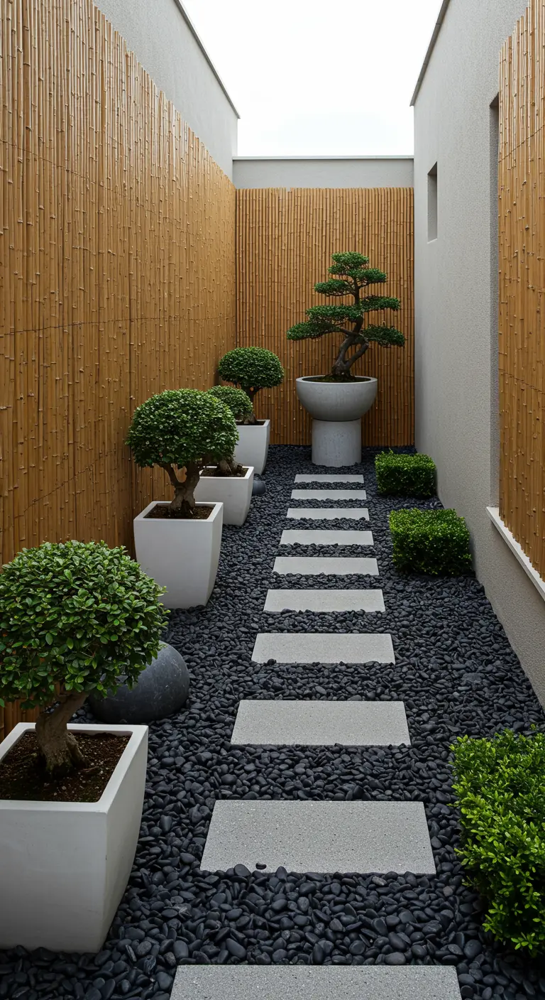 Narrow Zen garden with bamboo walls, white planters, dark gravel, and a stone path.