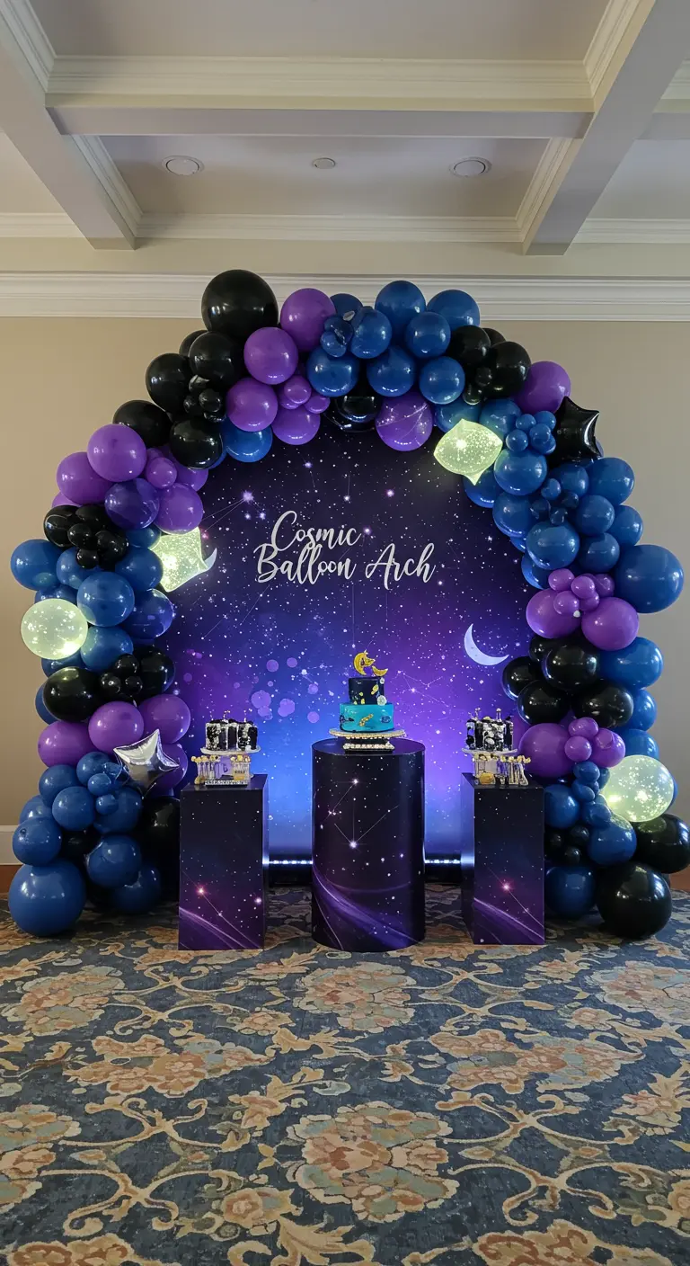 A purple and blue cosmic balloon arch with glowing LED light cubes mixed in.