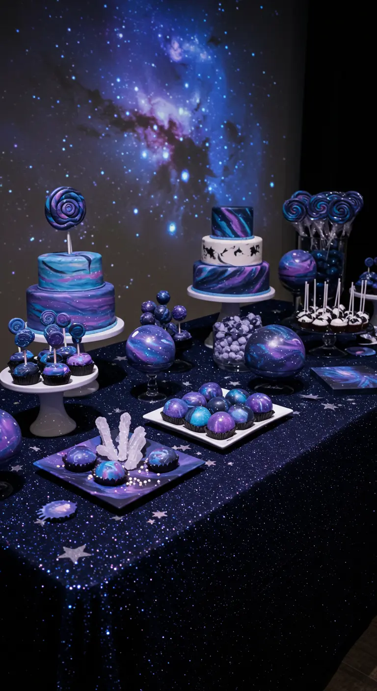 Galaxy-themed dessert table with nebula cakes, planetary candies, and a starry backdrop.