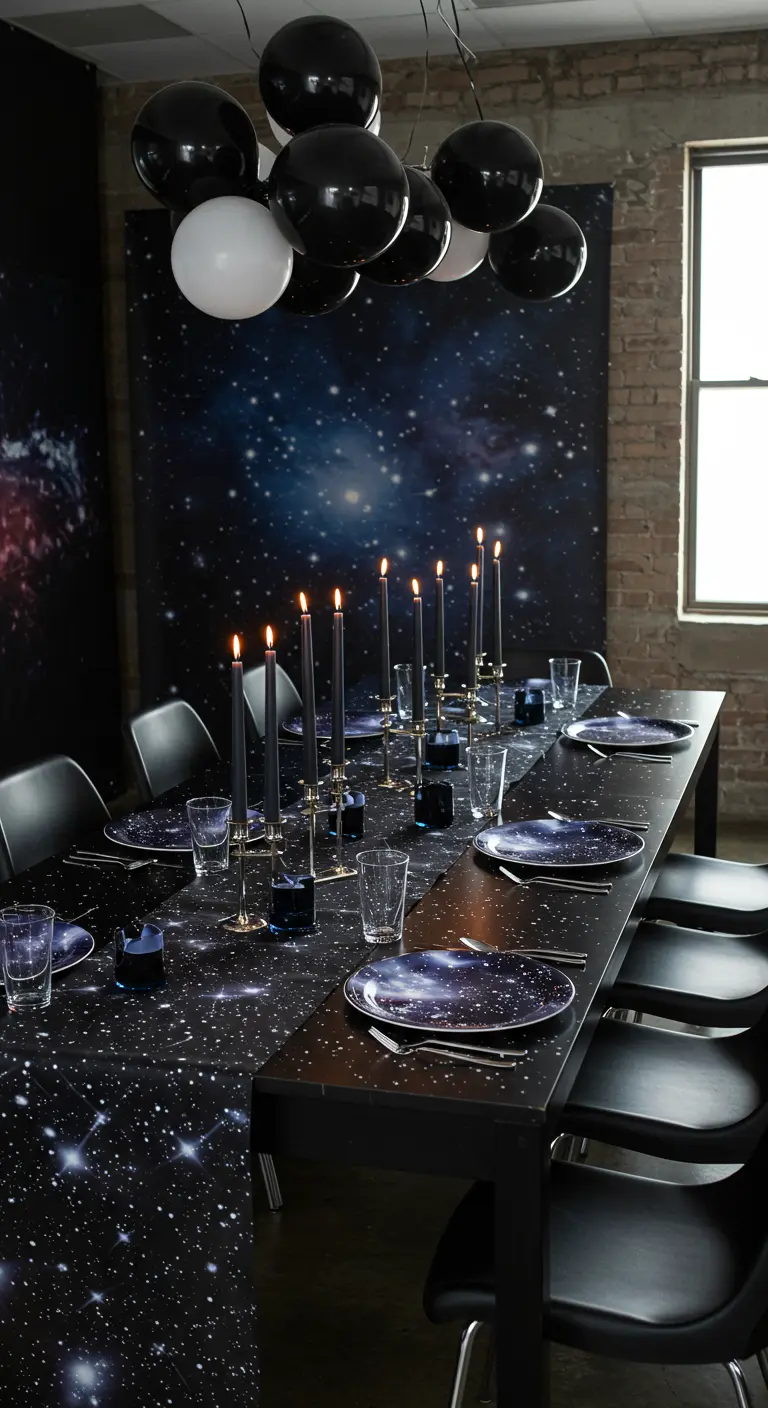 Table decorated in a galaxy theme with a starry runner and black taper candles.