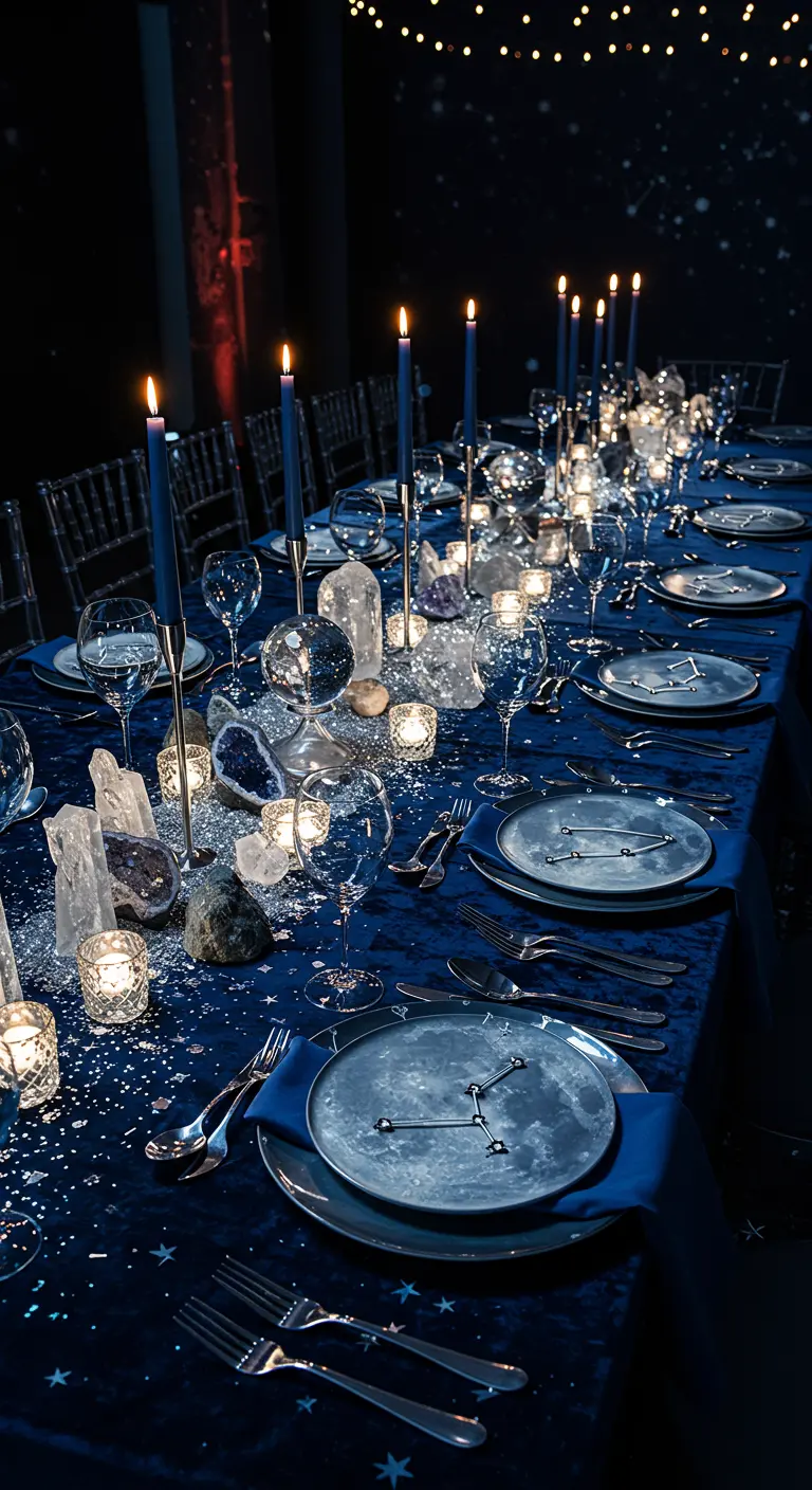 A celestial-themed table with moon plates, blue candles, and crystal decorations.