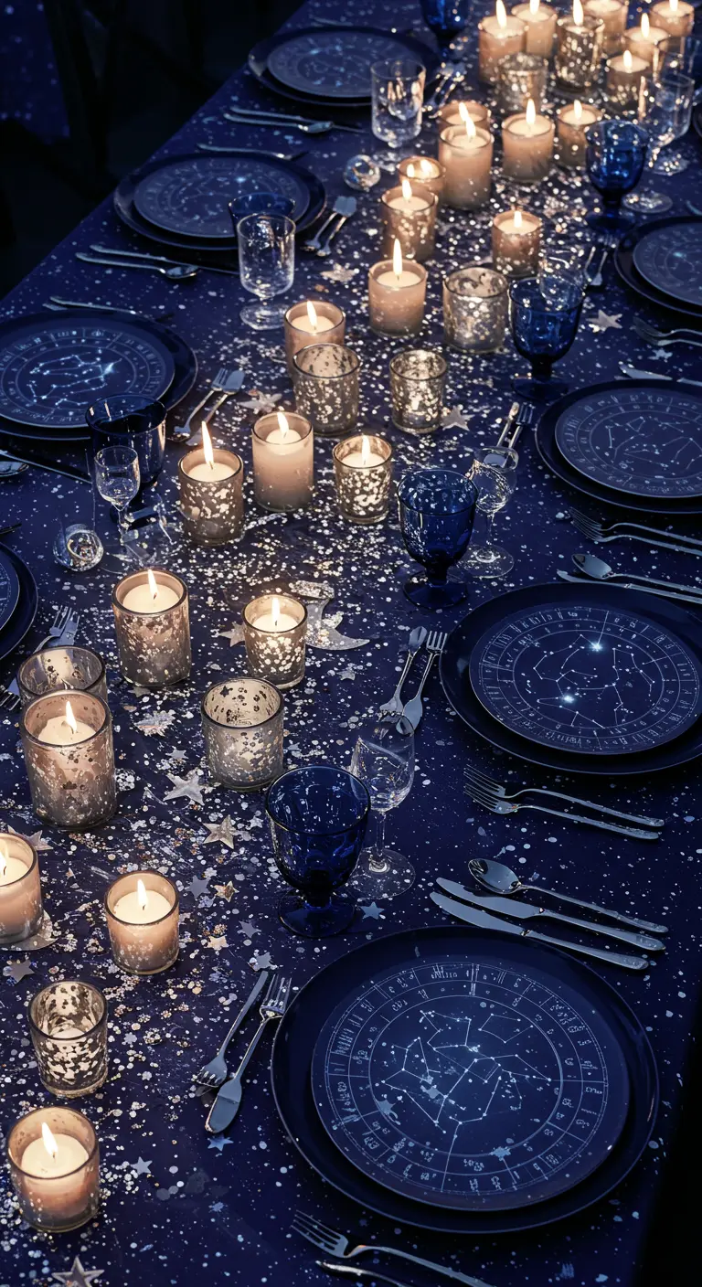 A celestial-themed NYE table with constellation plates, a navy tablecloth, and many votive candles.