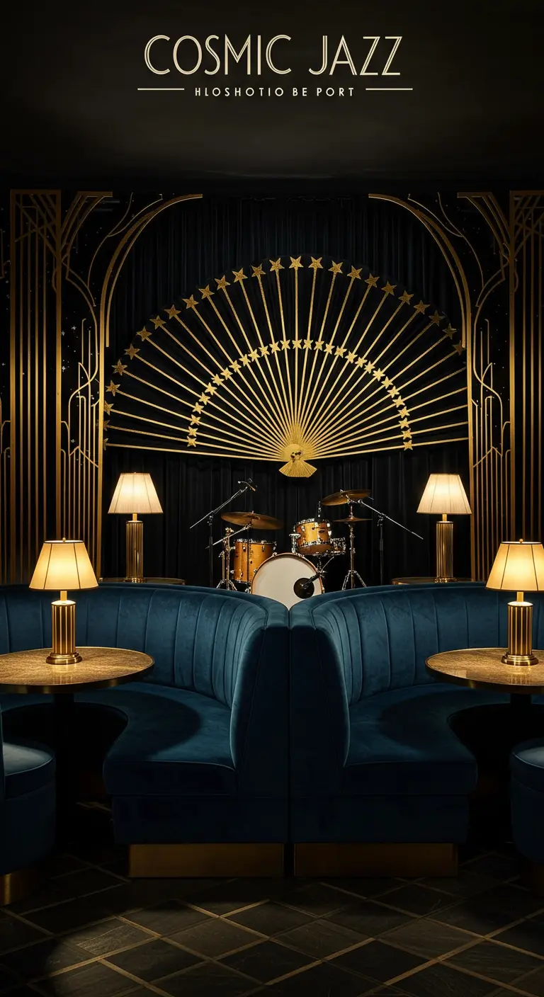 Art Deco stage backdrop with a giant golden fan adorned with stars.