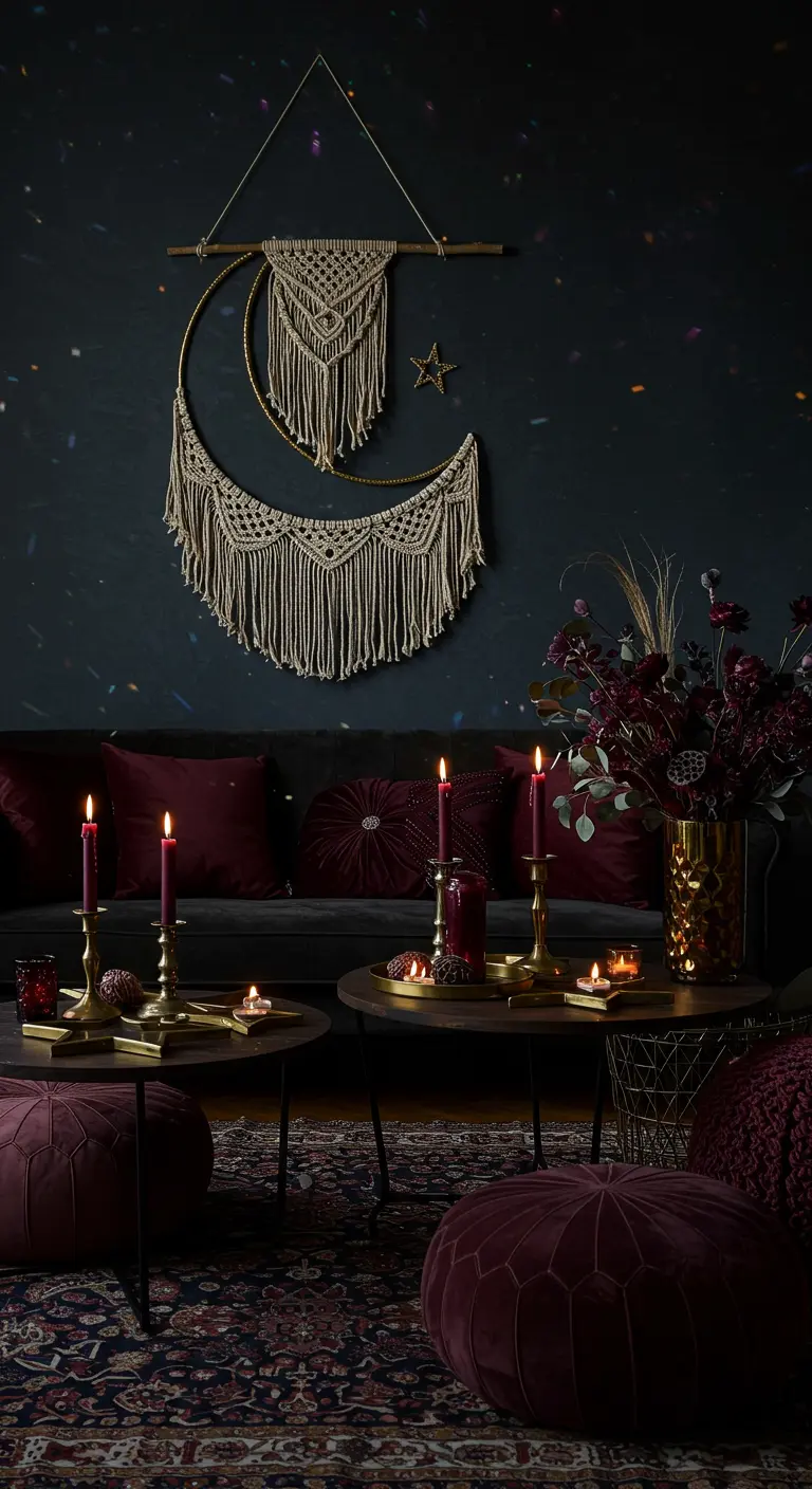 A moody living room with a crescent moon macramé hanging, velvet pillows, and candlelight.