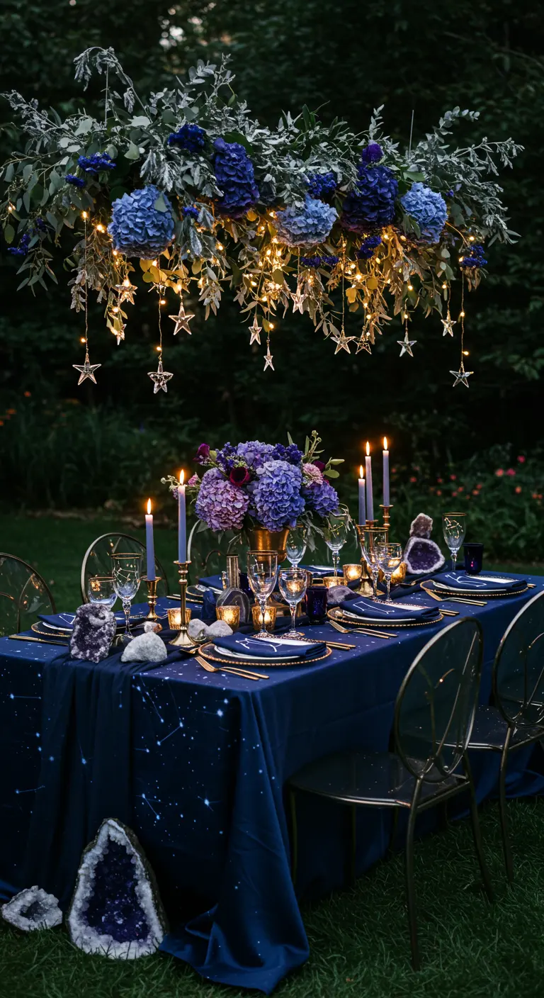 Celestial-themed table with star lights, blue hydrangeas, and geodes.