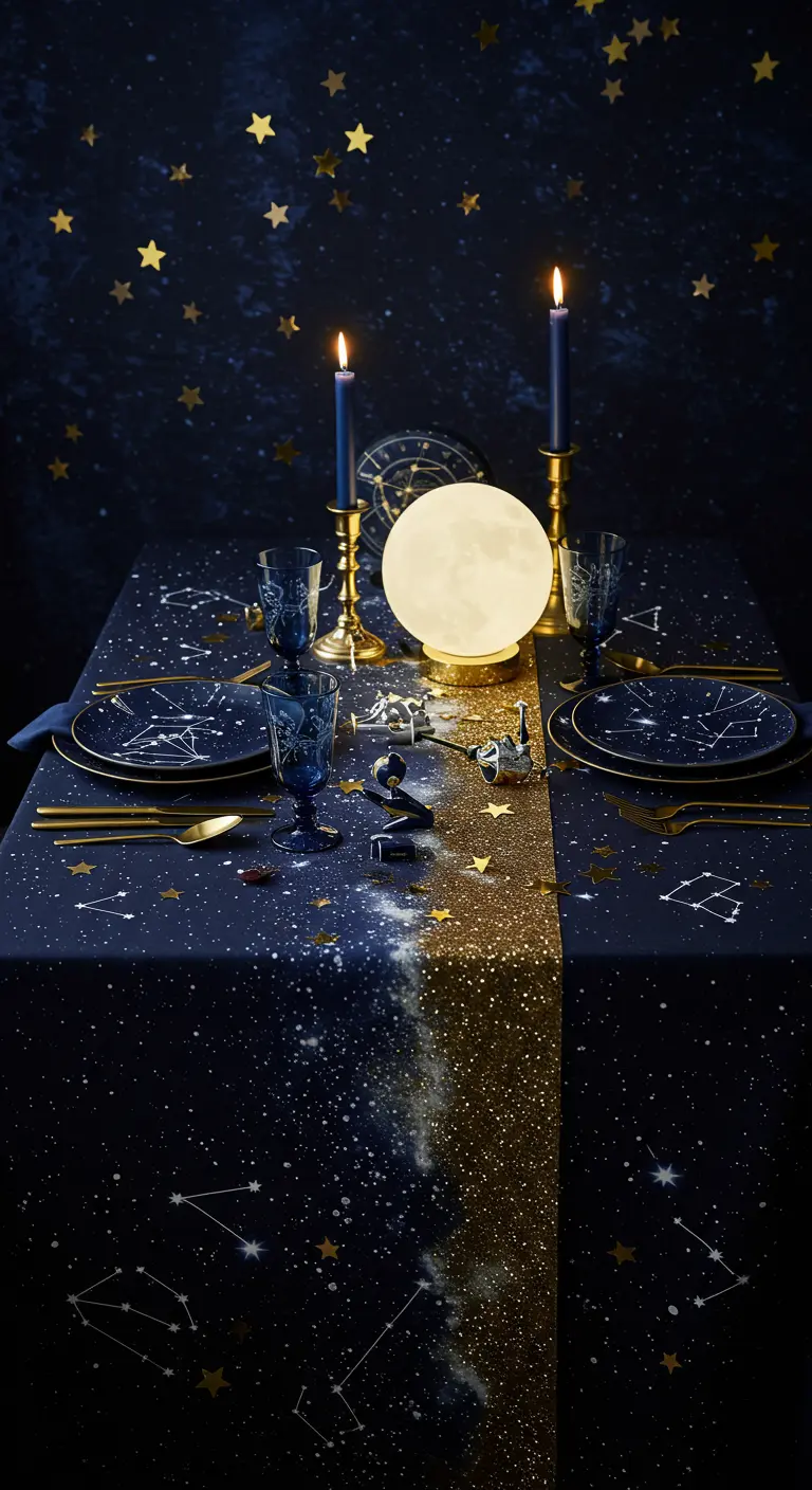 A celestial-themed table with a moon lamp centerpiece and a gold glitter runner on a starry cloth.