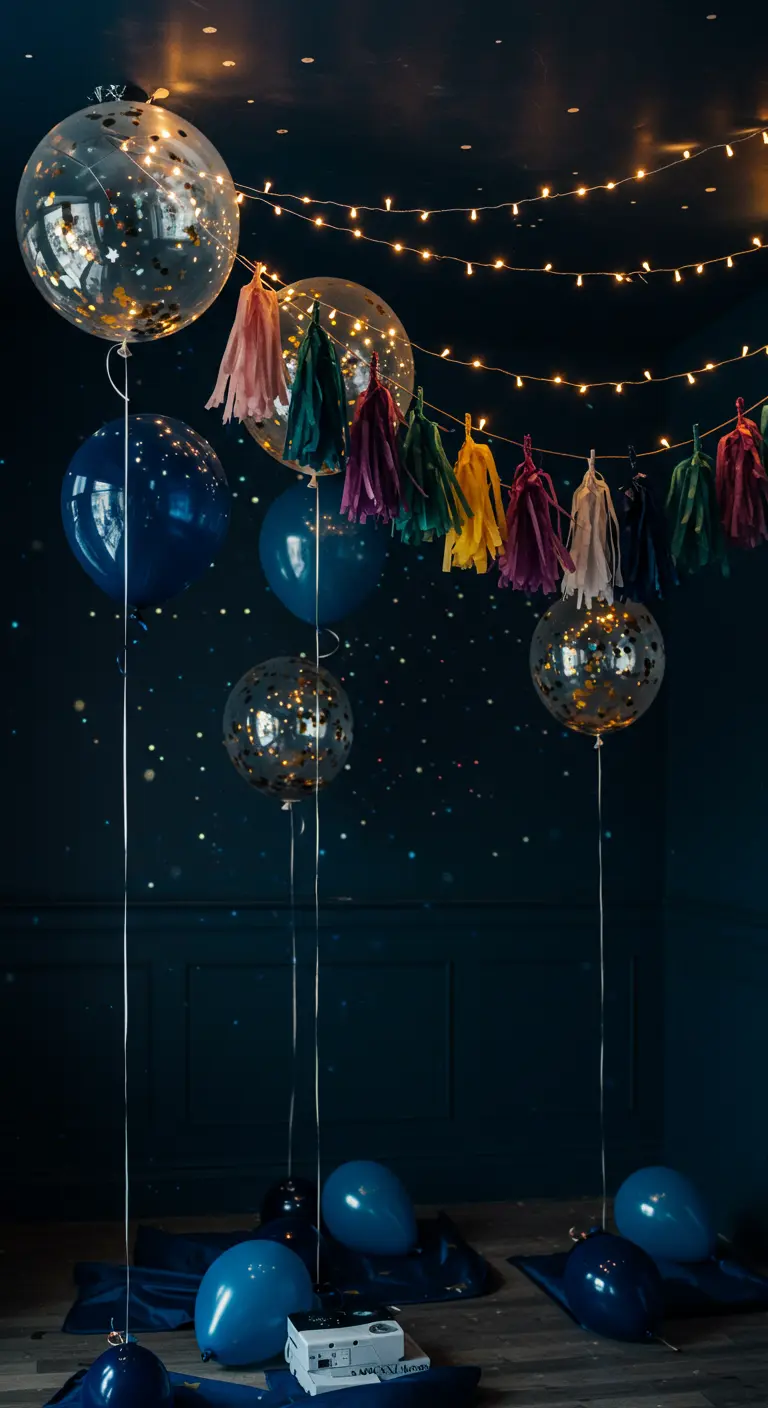 A dark room decorated like a galaxy with blue and confetti balloons, fairy lights, and a jewel-toned tassel garland.