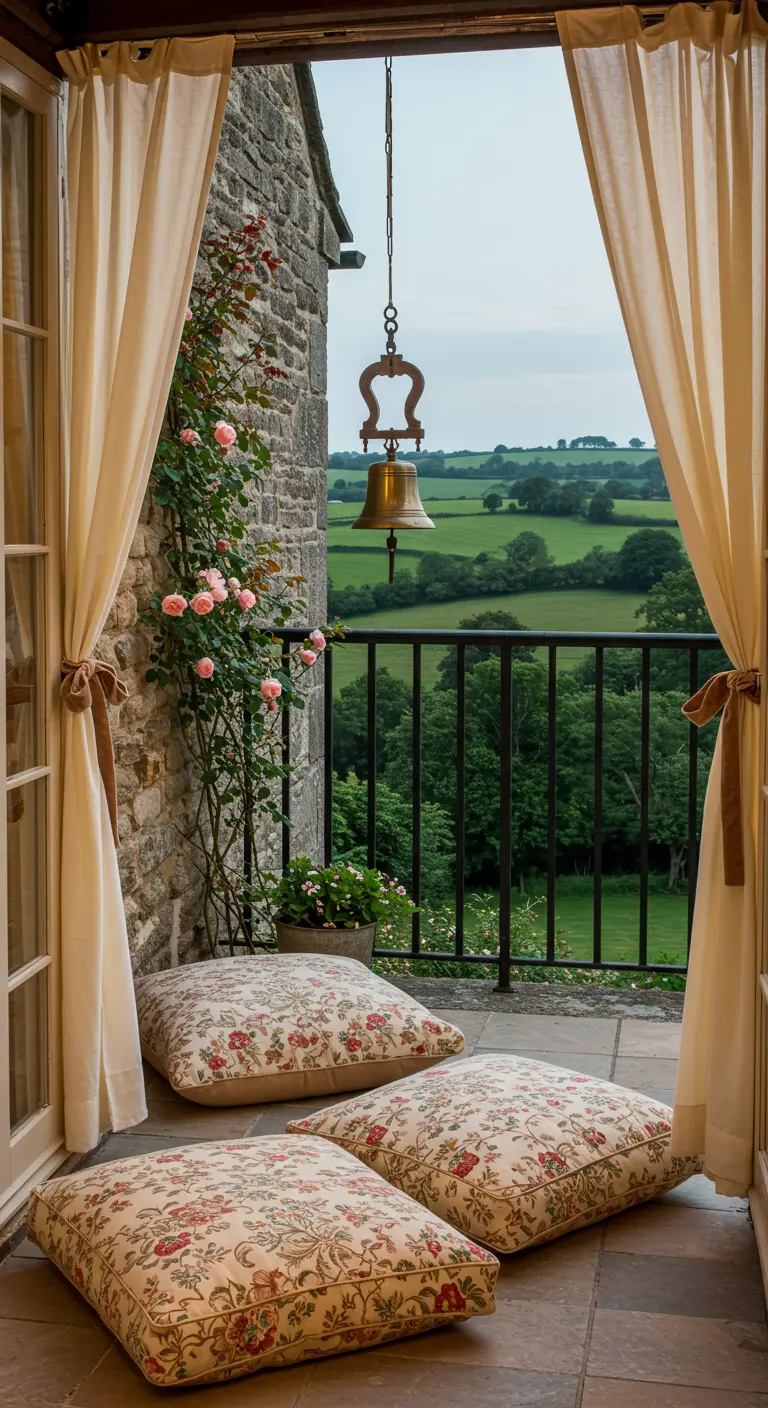 Stone balcony with floral cushions and a climbing rose, overlooking a green valley.