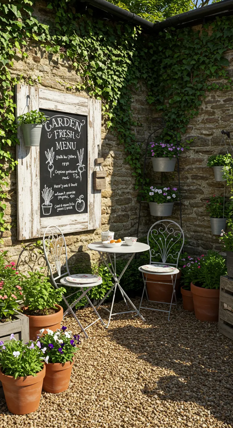 A whitewashed chalkboard menu in a lush, ivy-covered stone corner.