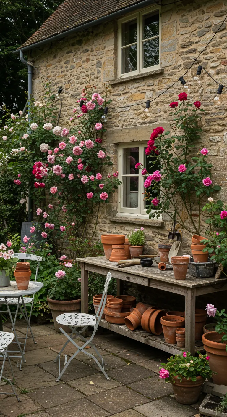 A stone cottage patio with climbing roses, a potting bench filled with terracotta pots, and string lights.