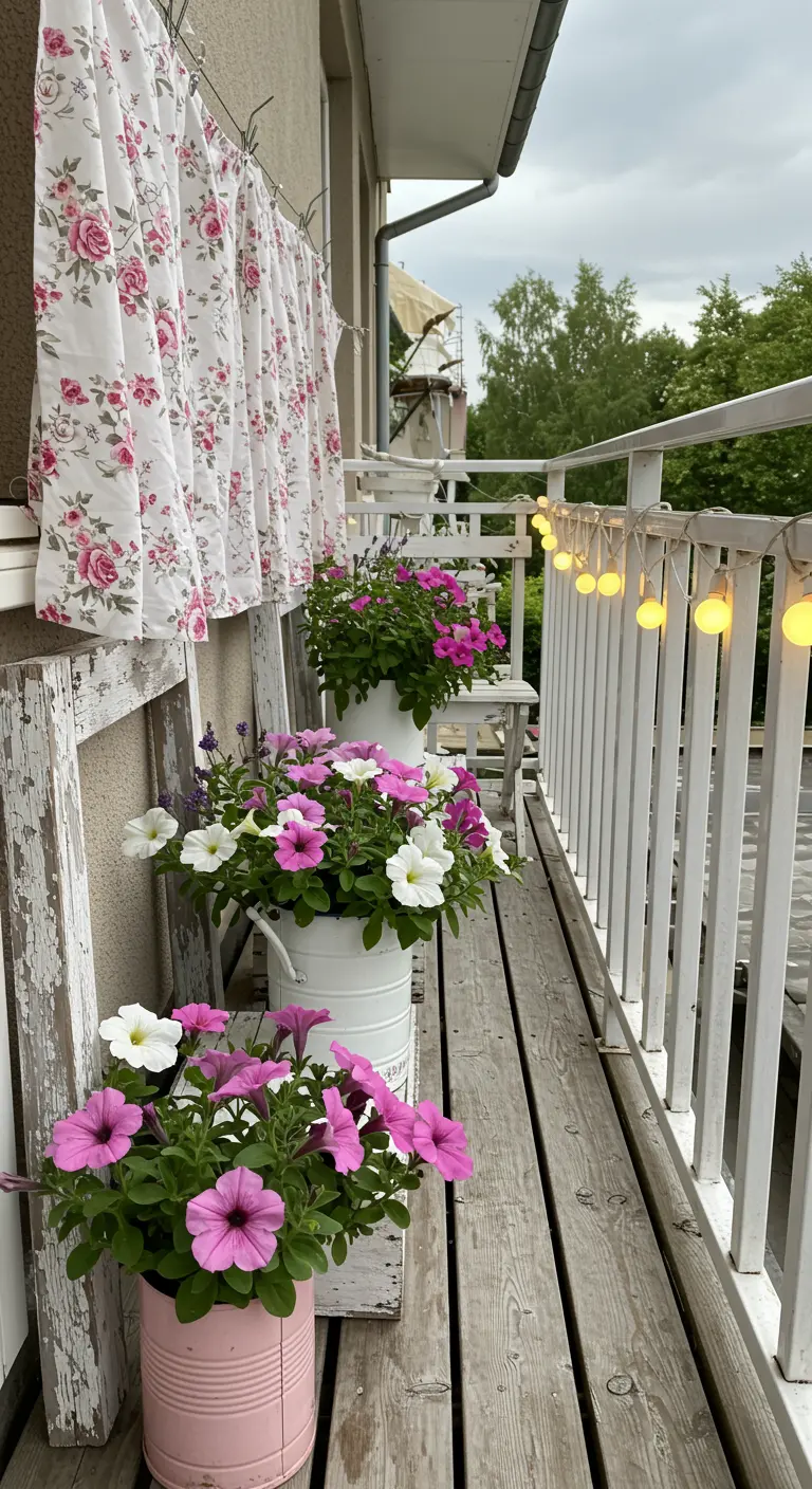 Shabby chic balcony with floral curtains and petunias planted in upcycled buckets and cans.