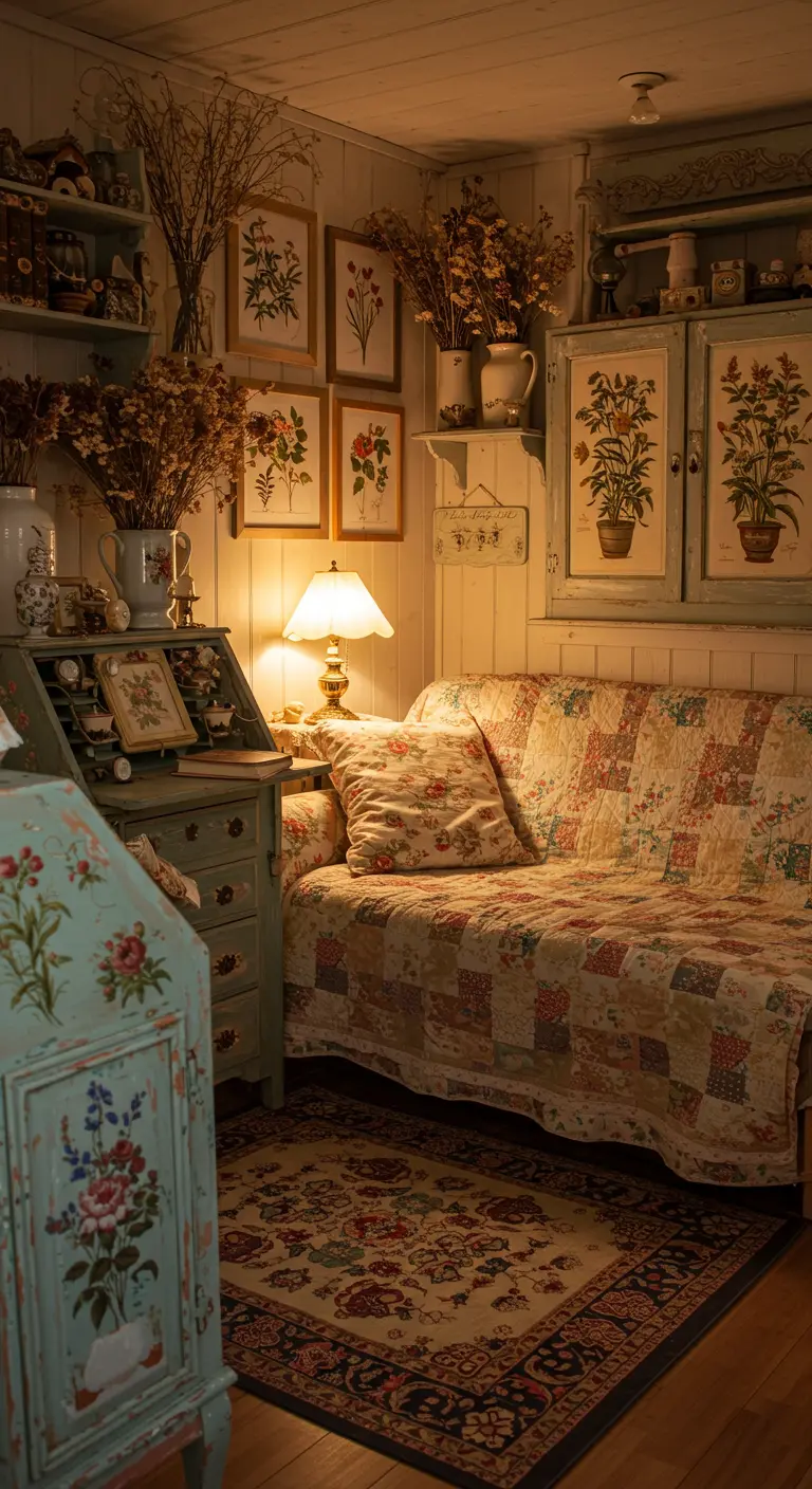 A cozy room with a patchwork daybed, a painted secretary desk, and botanical prints.