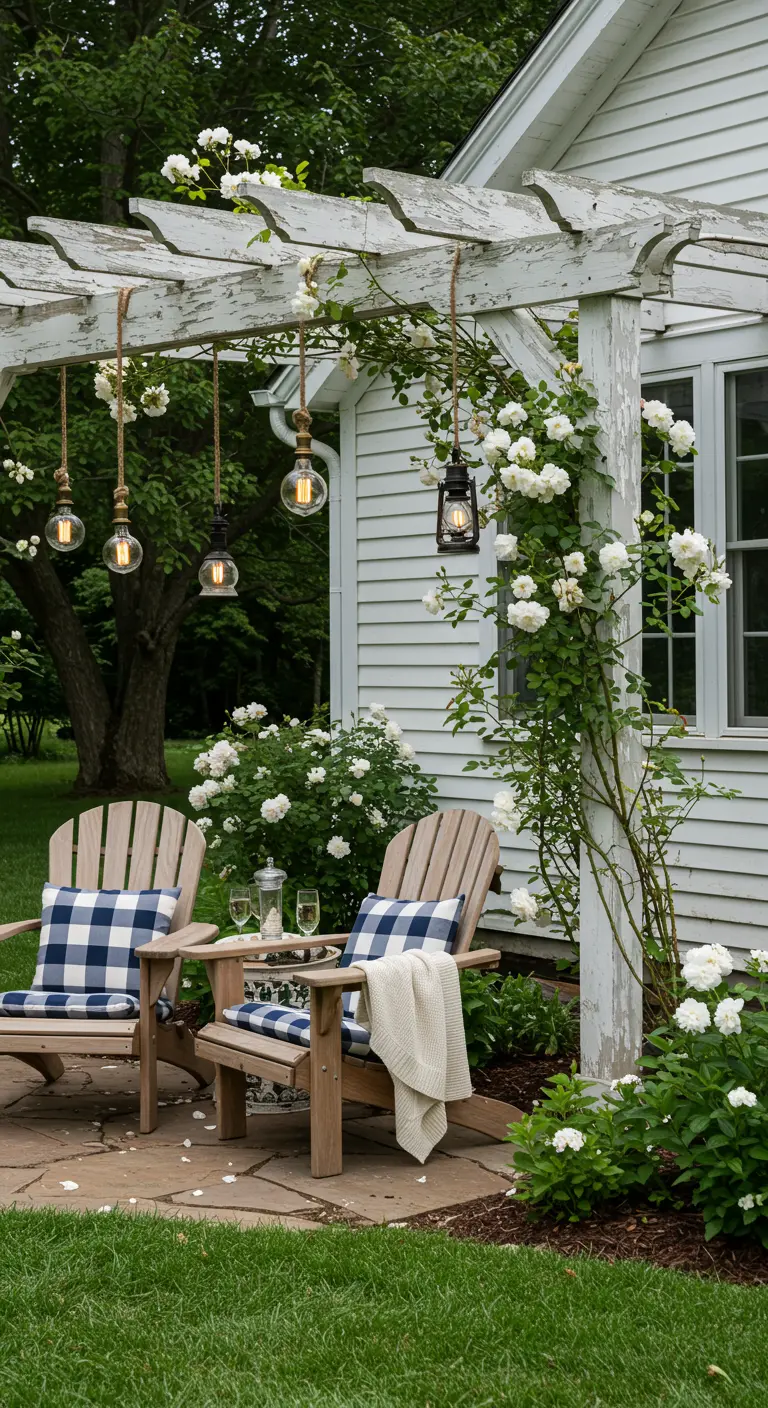 Two Adirondack chairs with plaid cushions under a white pergola wrapped in white roses.
