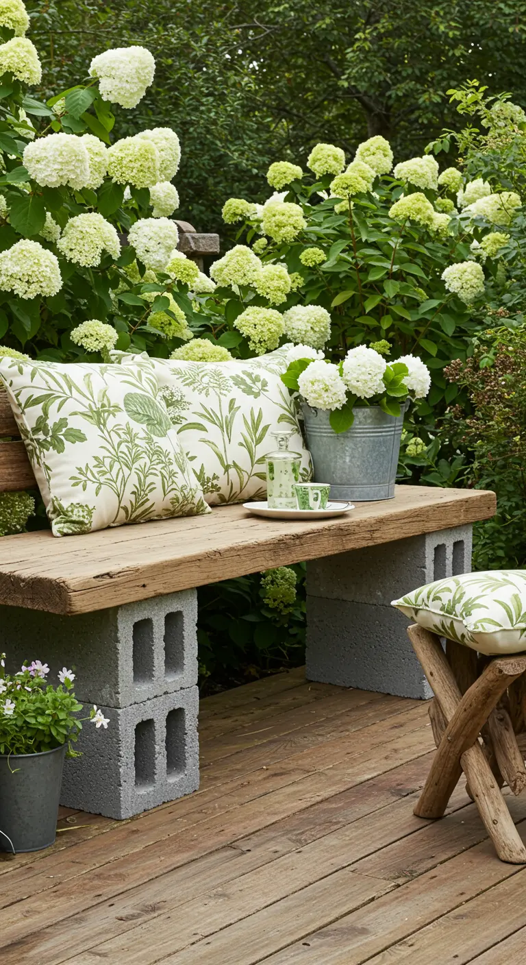 A rustic driftwood bench on a deck, surrounded by white hydrangeas, with botanical print pillows.