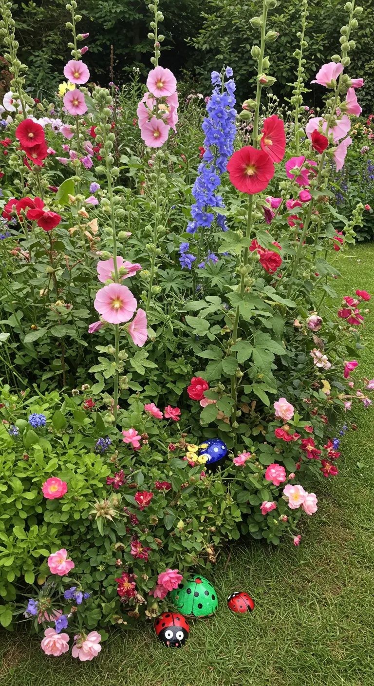 Red, green, and blue painted ladybugs hidden among a dense bed of colorful cottage flowers.